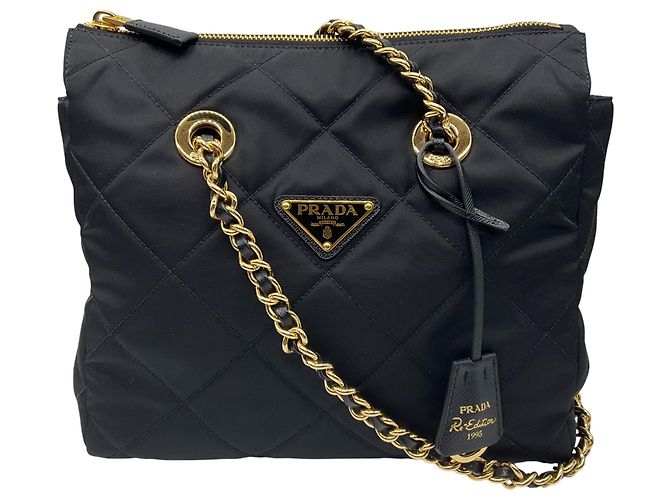 Bolso tote pequeño Prada Re-Nylon negro Impuntu acolchado Re-Edition 1995 Chaine