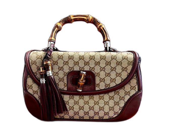 Bamboo Borsa Gucci in pelle e tela marrone con manico in bambù