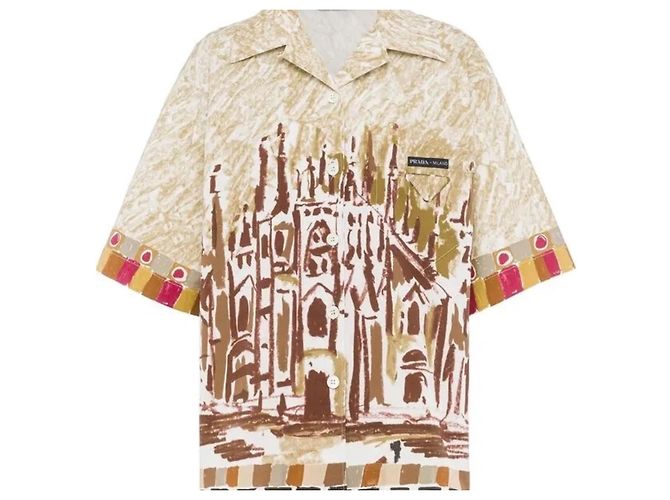 Camicia Prada in cotone stampa Duomo di Milano Beige