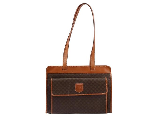 Céline Bolsa tote Macadam vintage Celine em lona e couro Marrom