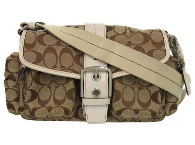 Bolsa de Ombro em Lona e Couro Coach Signature Marrom Bege