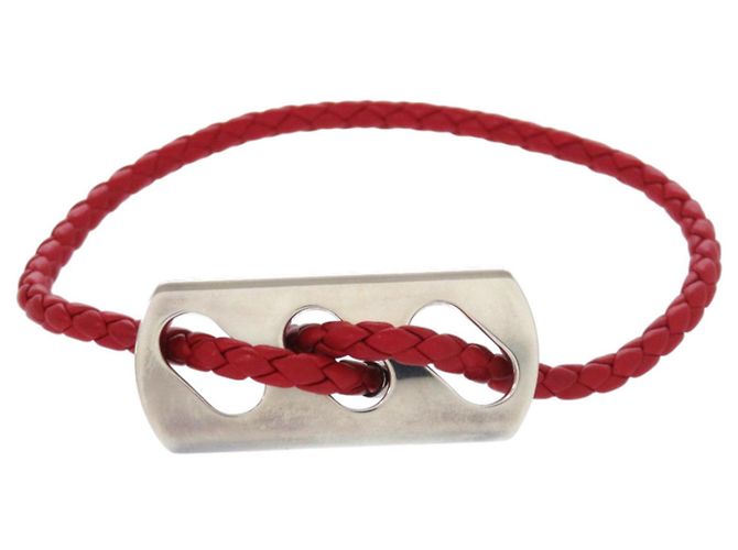 Hermès Hermes Leather Silver 925 Charm Bracelet Silvery Red
