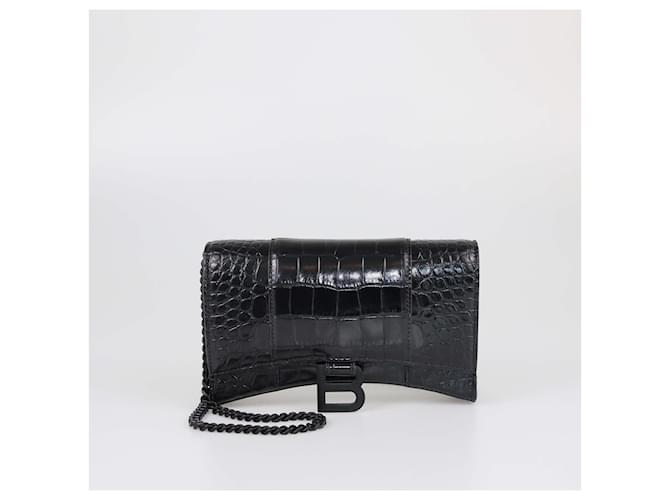 Balenciaga Black Croc Embossed Hourglass Wallet On Chain Leather  ref.2590675