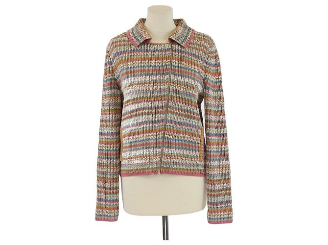 Jaqueta de zíper em algodão tricotado listrado multicolorido Chanel Multicor
