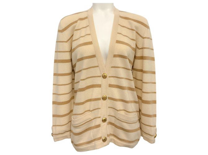 Chanel Vintage Beiger / Brauner Gestreifter Kaschmir-Cardigan