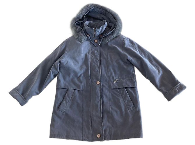 Autre Marque Blau-graue Kapuzenparka oder gesteppter Mantel aus Mikrofaser Größe 38-40