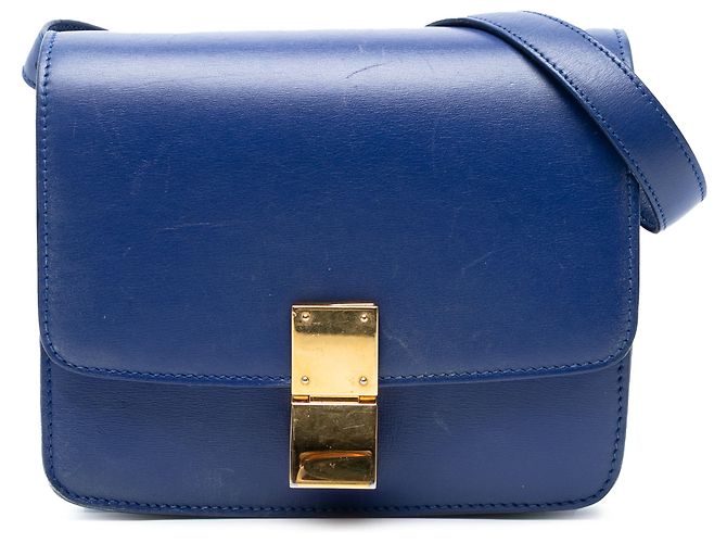 Classic Box Céline Celine Azul Pequena Caixa de Couro de Bezerro Clássica