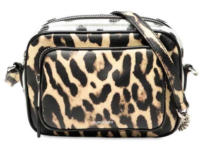 Bolsa de câmera de couro estampada de leopardo marrom Burberry