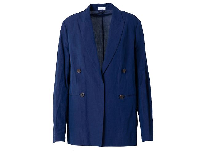 Brunello Cucinelli Navy Double-Breasted Linen Blazer Blue