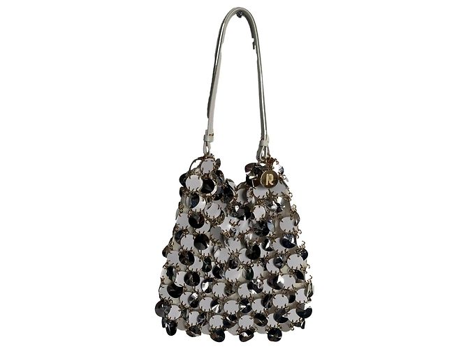 Borsa a spalla Paco Rabanne argento e bianca con paillettes e pelle Bianco