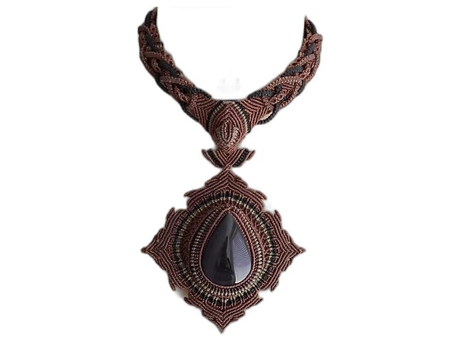 Autre Marque Collar Argentin Micromacramé Obsidiana Ojo Celestial Negro Marrón claro
