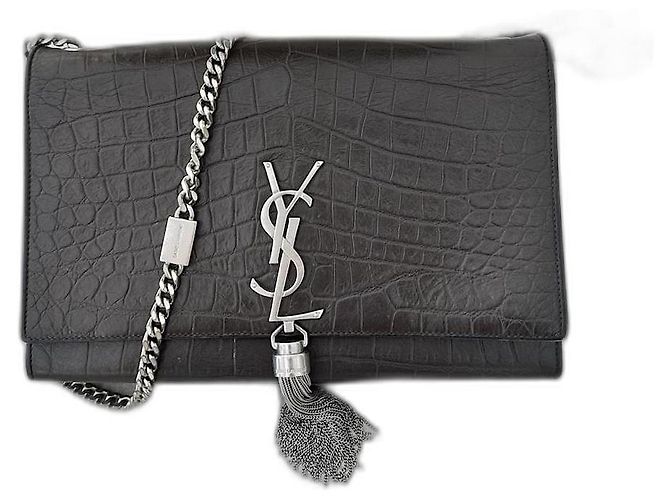 Pompom Kate Bolsa Saint Laurent Pompom Couro Efeito Crocodilo Marrom Escuro Castanho escuro