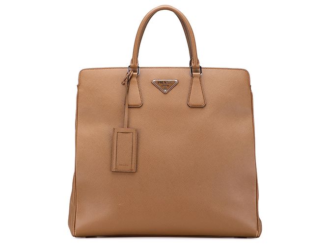 Bolsa de compras Prada em couro Saffiano Lux marrom com alças duplas