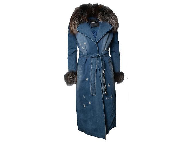 Philipp Plein, trench de denim com colar de pele Azul