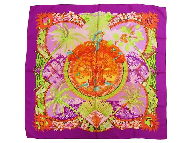 Bufanda de seda Hermès Carré 90 ALOHA Verde Naranja Púrpura