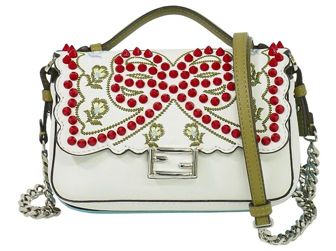 Fendi Double Baguette de couro bordado com studs micro Branco