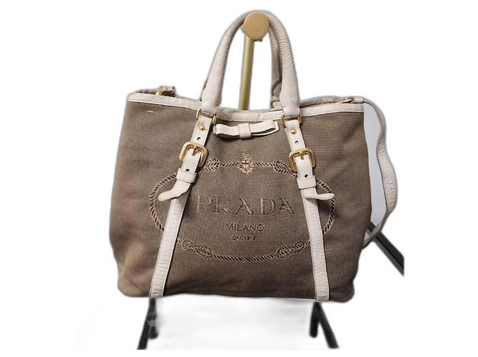 Bolsa Tote Jacquard Logo Canapa Prada Bege/Marron Marrom