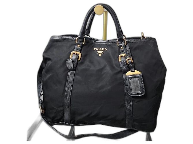 Borsa shopping Prada in nylon Tessuto e Vitello Daino nera Nero