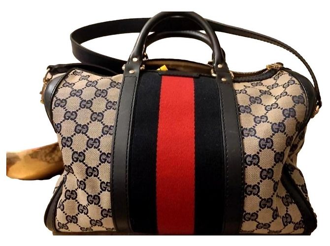 Bolsa Gucci Boston Azul e Vermelha de Tecido Vermelho