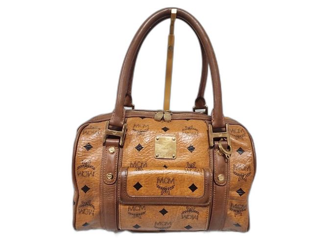 MCM Visetos beschichtete Canvas- und Leder-Boston-Tasche mit Fronttasche Cognac/Braun