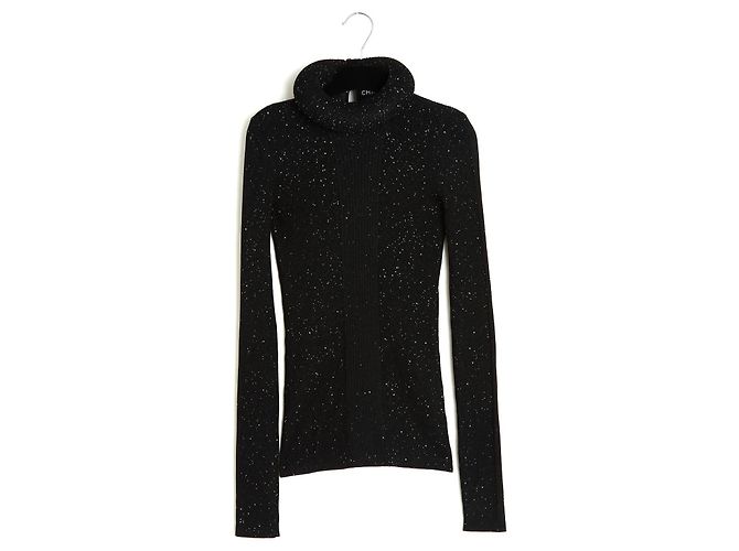 Chanel 2022 Schwarzer Glitzerpullover FR38 Rundhals-Rüschensweater UK10 US8
