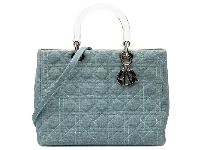 Dior Azul Grande Bolsa de Denim Cannage com Alças Acrílicas Lady Dior Azul claro