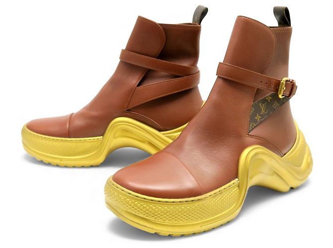 LOUIS VUITTON ARCHLIGHT BOOTS 39 LEATHER & MONOGRAM ANKLE BOOTS Brown