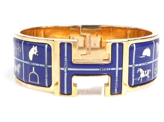 Pulseira Bangle Click-Clack Hermès Azul Dourado Fora de branco