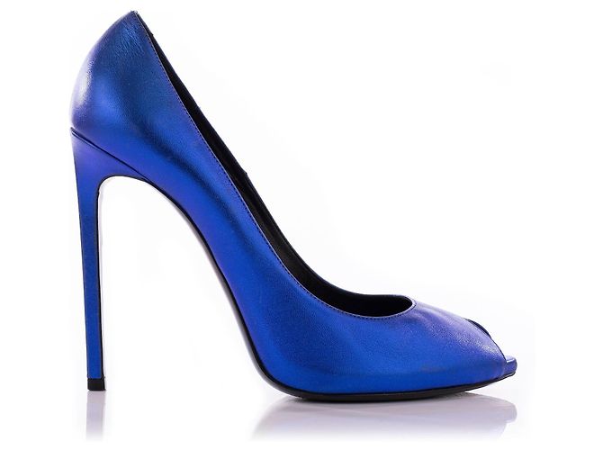 Saint Laurent Metallic blue peep toe pumps