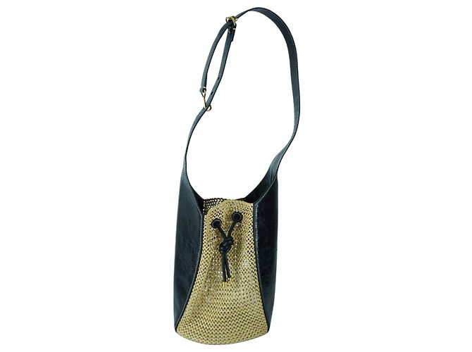 Borsa a secchiello in pelle e rafia Tory Burch Nero