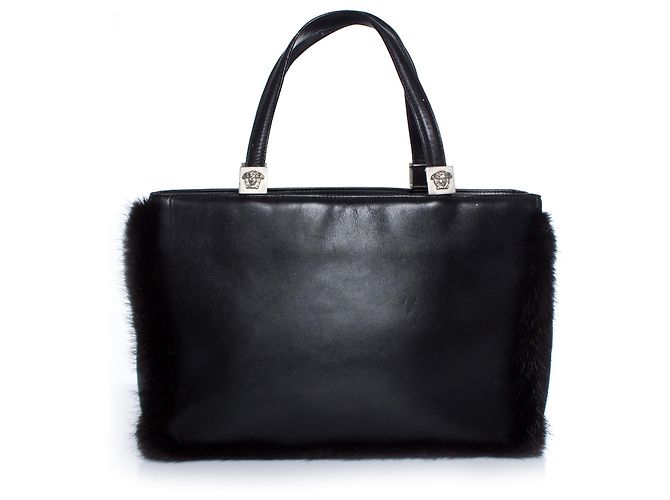 Bolsa de couro preta Gianni Versace com pele Preto