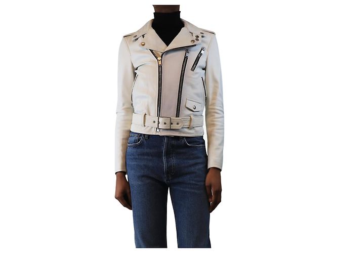 Saint Laurent White leather biker jacket - size UK 8