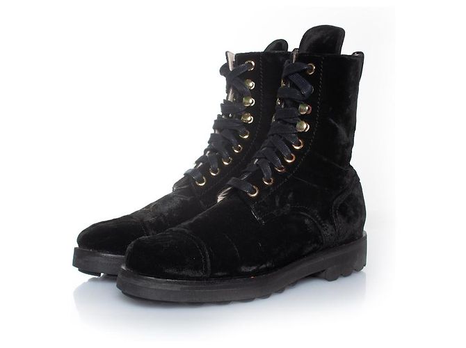Botas de combate de veludo Chanel com cadarço Preto