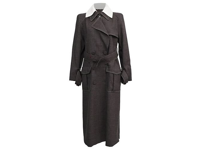 Fendi Gingham Double-Breasted Coat in Brown Wool Red