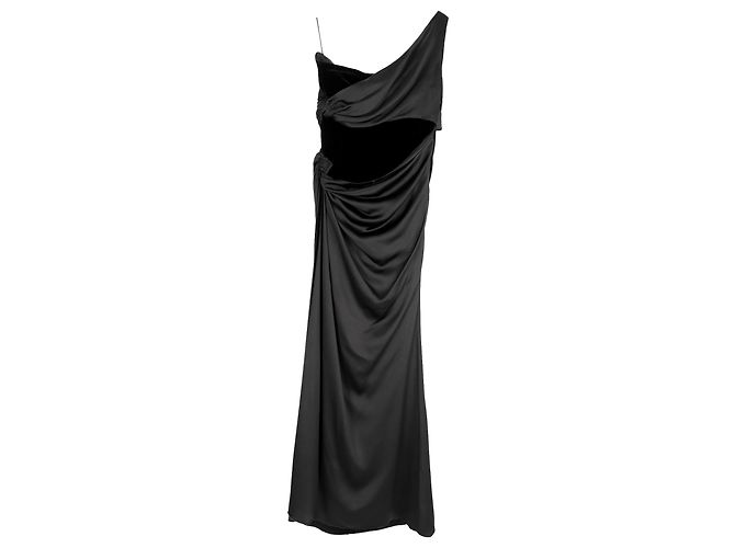 Abito maxi in seta nera con spalla unica e tagli Valentino Garavani Nero
