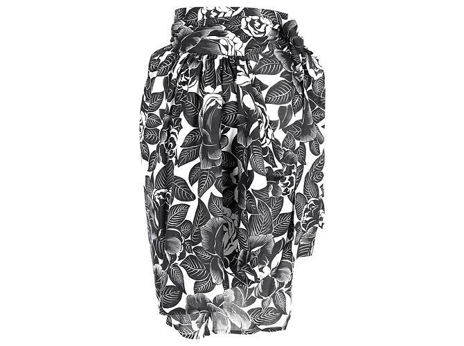 Saia midi com cintura amarrada em algodão preto e branco com estampa floral Lanvin