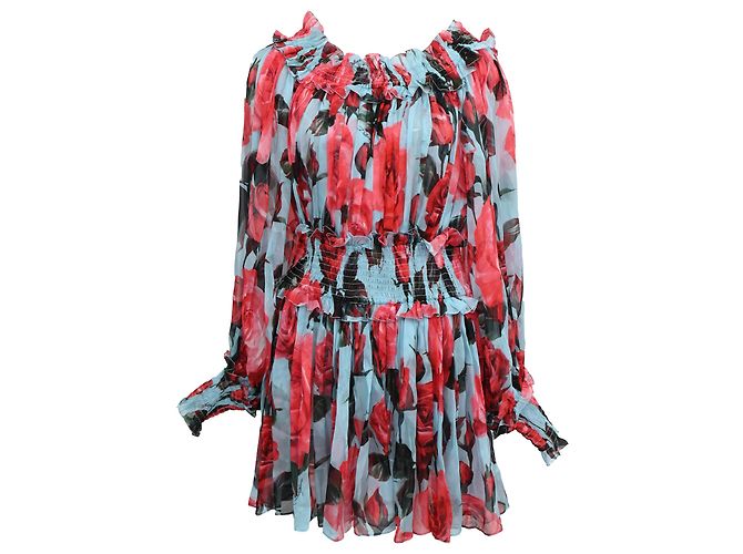 Abito mini in seta multicolore con stampa floreale e spalle scoperte di Dolce & Gabbana