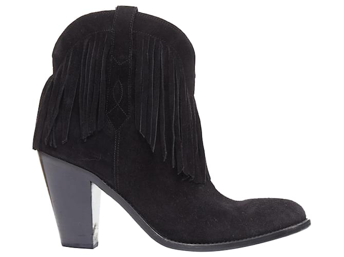 SAINT LAURENT Curtis 80 black suede fringe cuban heel western boots EU39.5  ref.2607293