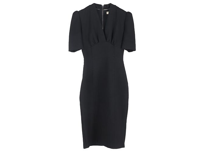 Burberry V-Ausschnitt Kurzarm-Midikleid aus schwarzem Polyester
