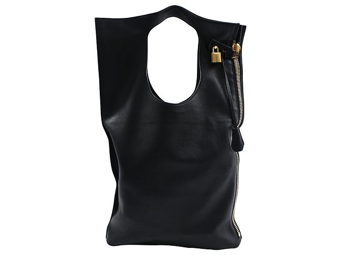 Tom Ford Large Alix Fold Over Tote Bag in Black Leather