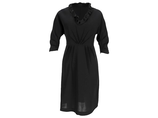 Prada Midi-Kleid mit Rüschenausschnitt aus schwarzer Viskose