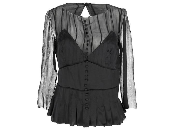 Blusa in seta nera a maniche lunghe plissettata e trasparente Chloé