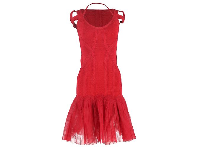 Herve Leger Knitted Tulle Bandage Midi Dress in Red Viscose