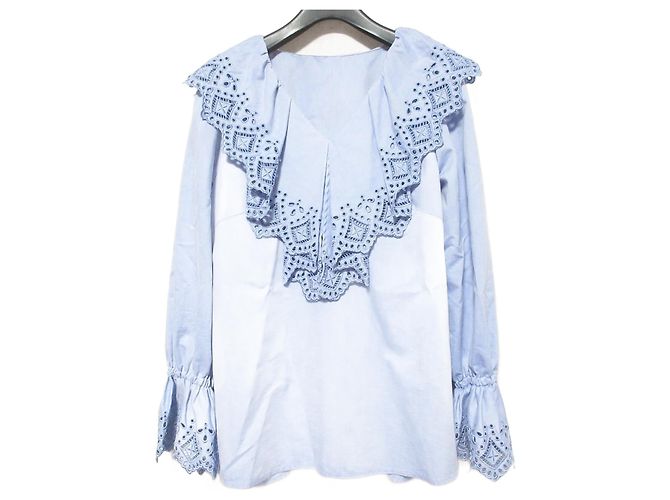Autre Marque JUSGLITTY Bluse mit Cutwork und Rüschendetails Blau