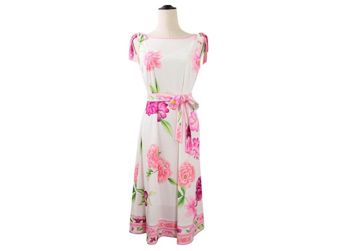 LEONARD Kankan Stretch Kleid mit Blumenmuster Pink Weiß