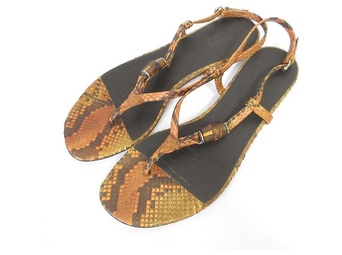 Gucci Bamboo Python Leather Flat Sandals Brown