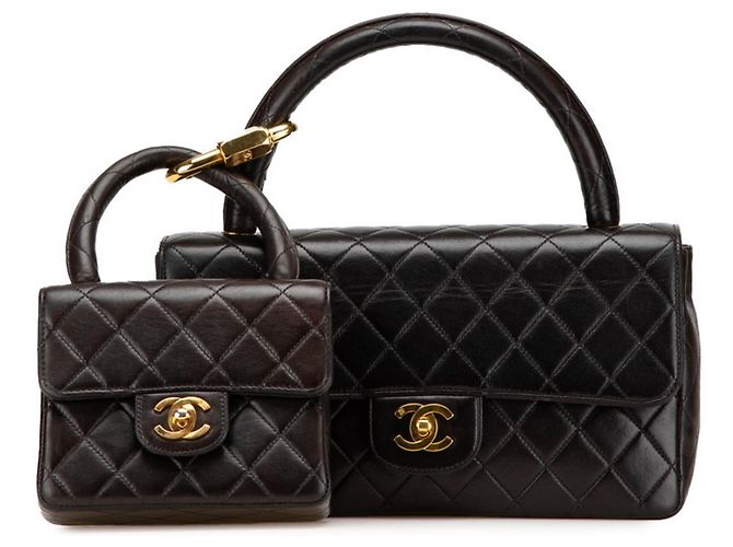 Chanel Top Handle Eltern-Kind-Handtasche aus schwarzem Lammleder