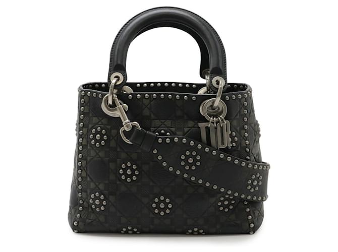 Christian Dior Lady Dior Calfskin 2way Bag Black Khaki Leather Pony-style calfskin  ref.2612744