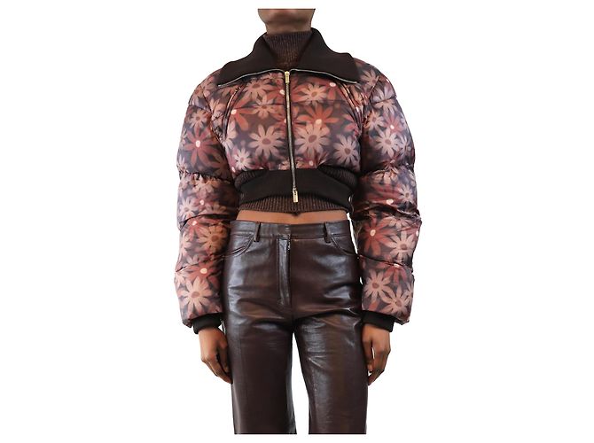 Jacquemus Brown cropped floral puffer jacket - size UK 8