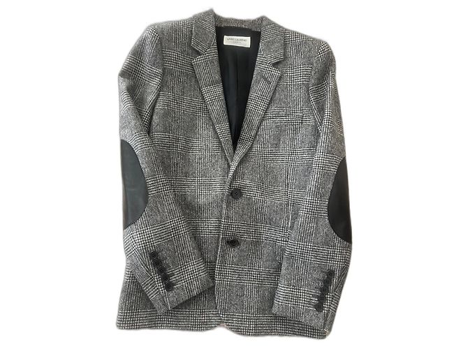Saint Laurent Wolljacke mit Lederbesatz Schwarz Weiß